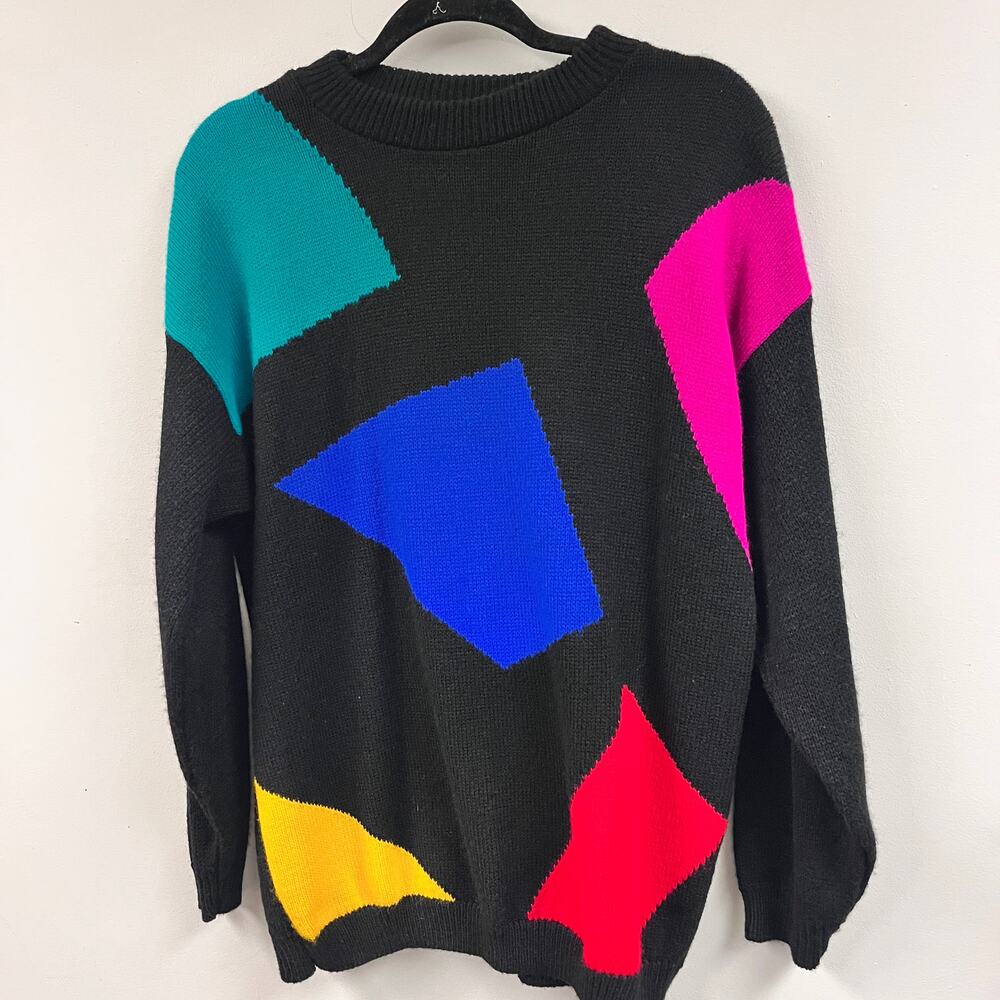 Vintage 1980's knit sweater large black colorful abstract intarsia design